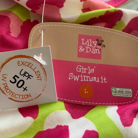 Lily & Dan Girls 2 Piece Swim Set Large Top & Bottom Green pink Tropical NEW - Picture 8 of 9